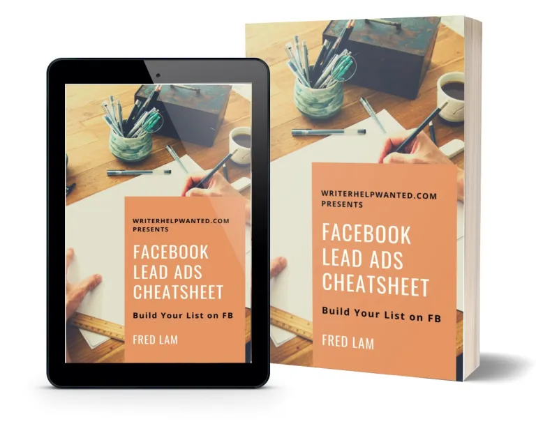 An iPad and a real book with text that says Facebook Lead Ads Cheatsheet and Fred Lam