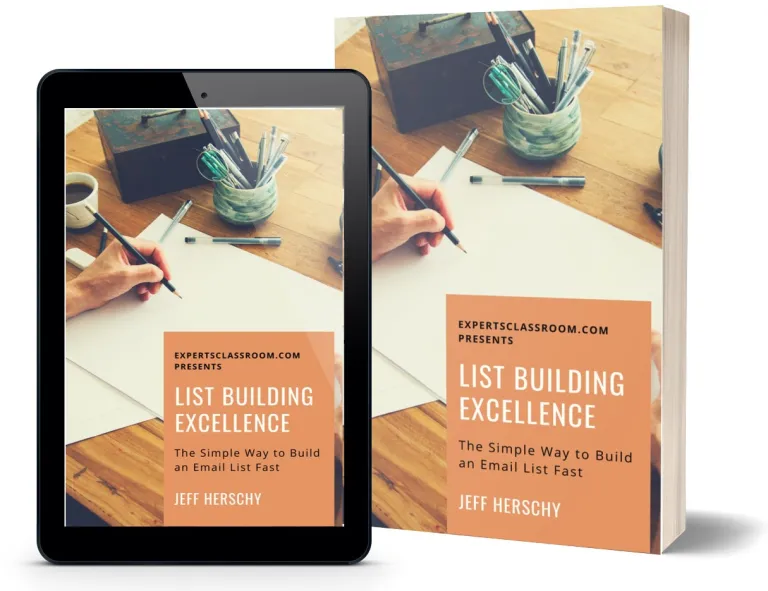 An iPad and a real book with text that says List Building Excellence and Jeff Herschy