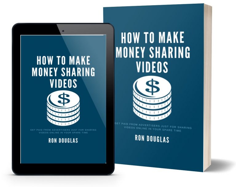 An iPad and a real book with blue and white colors and text says how to make money sharing videos on the cover